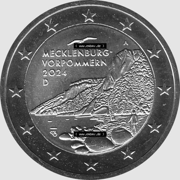 Grau bzw. s/w BRD-Deutschland 2 Euro Gedenkmünze 2024-2024, 2 Euro A Münzstätte Berlin, Mecklenburg-Vorpommern - Königsstuhl. Digitales PNG-Bild der 2 Euro Gedenkmünze 2024.... Sammlung Graustufen