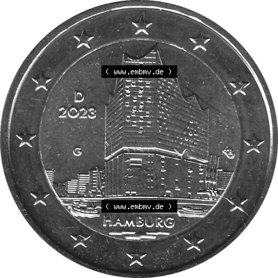 BRD-Deutschland 2 Euro Gedenkmünze 2023-2023, G Münzstätte Karlsruhe, Bundesland Hamburg Graustufen. Digitales Graustufen PNG-Bild der 2 Euro Gedenkmünze 2023.... Sammlung