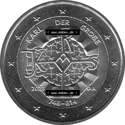 BRD-Deutschland 2 Euro Gedenkmünze 2023-2023, A Münzstätte Berlin, Karl der Große 748-814 Graustufen. Digitales Graustufen PNG-Bild der 2 Euro Gedenkmünze 2023.... Sammlung