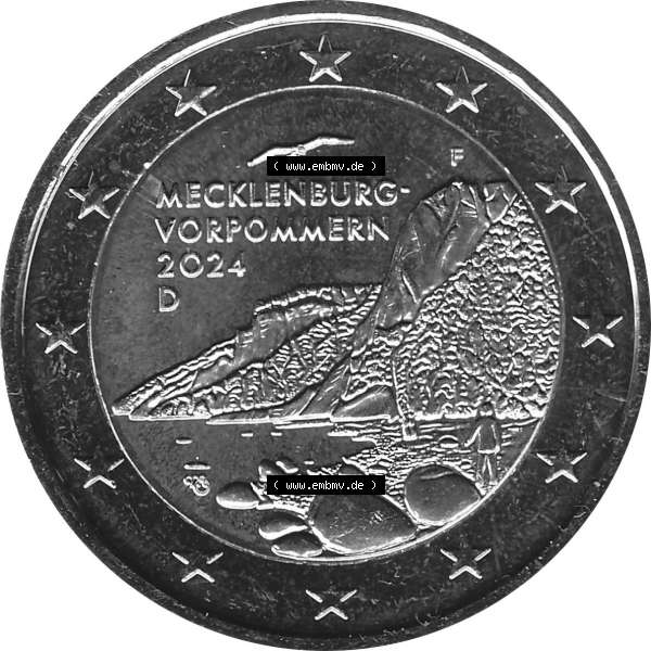 Grau bzw. s/w BRD-Deutschland 2 Euro Gedenkmünze 2024-2024, 2 Euro F Münzstätte Stuttgart, Mecklenburg-Vorpommern - Königsstuhl. Digitales JPG-Bild in Farbe der 2 Euro Gedenkmünze... Sammlung Graustufen
