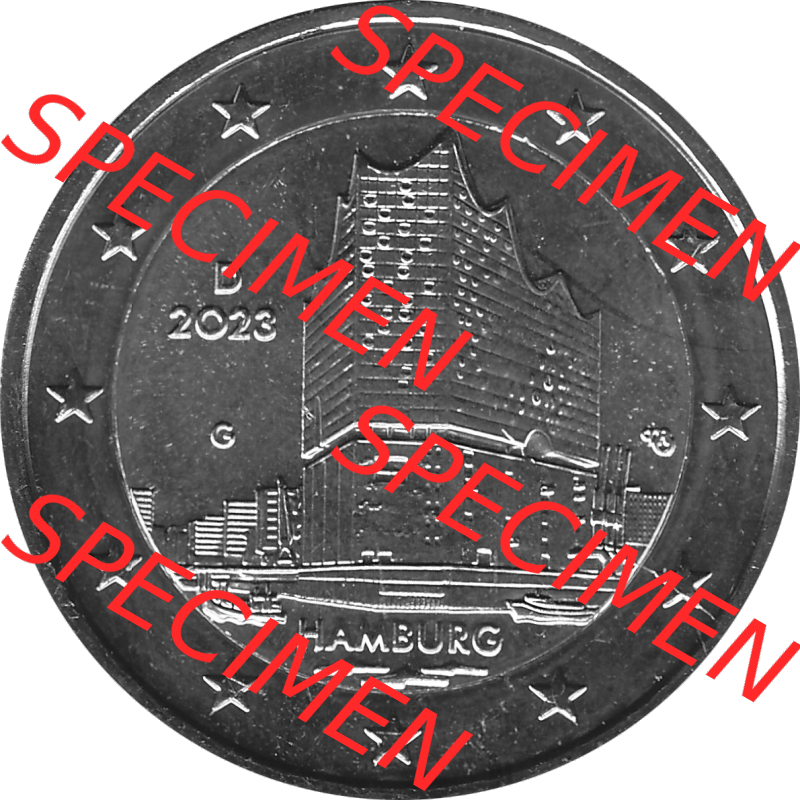 BRD-Deutschland 2 Euro Gedenkmünze 2023-2023, G Münzstätte Karlsruhe, Bundesland Hamburg Graustufen. Digitales Graustufen PNG-Bild der 2 Euro Gedenkmünze 2023.... Sammlung