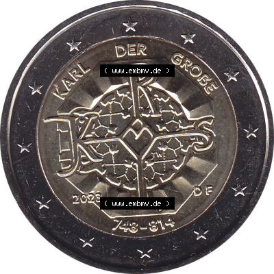 BRD-Deutschland 2 Euro Gedenkmünze 2023-2023, F Münzstätte Stuttgart, Karl der Große 748-814. Digitales PNG-Bild der 2 Euro Gedenkmünze 2023. Das PNG-Bild... Sammlung