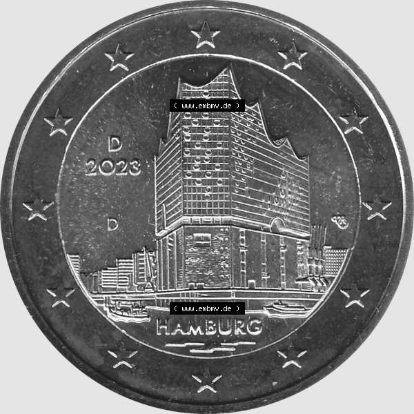 Grau bzw. s/w BRD-Deutschland 2 Euro Gedenkmünze 2023-2023, D Münzstätte München, Bundesland Hamburg Graustufen. Digitales Graustufen PNG-Bild der 2 Euro Gedenkmünze 2023.... Sammlung Graustufen