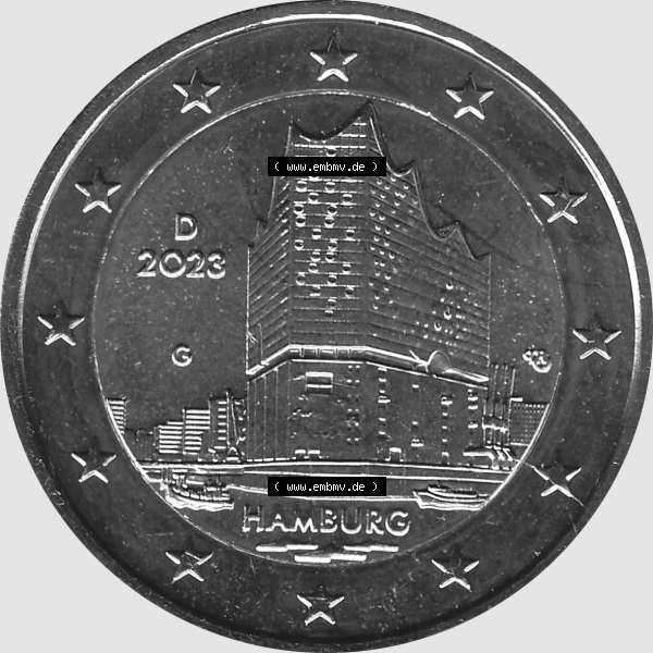 Grau bzw. s/w BRD-Deutschland 2 Euro Gedenkmünze 2023-2023, G Münzstätte Karlsruhe, Bundesland Hamburg Graustufen. Digitales Graustufen PNG-Bild der 2 Euro Gedenkmünze 2023.... Sammlung Graustufen