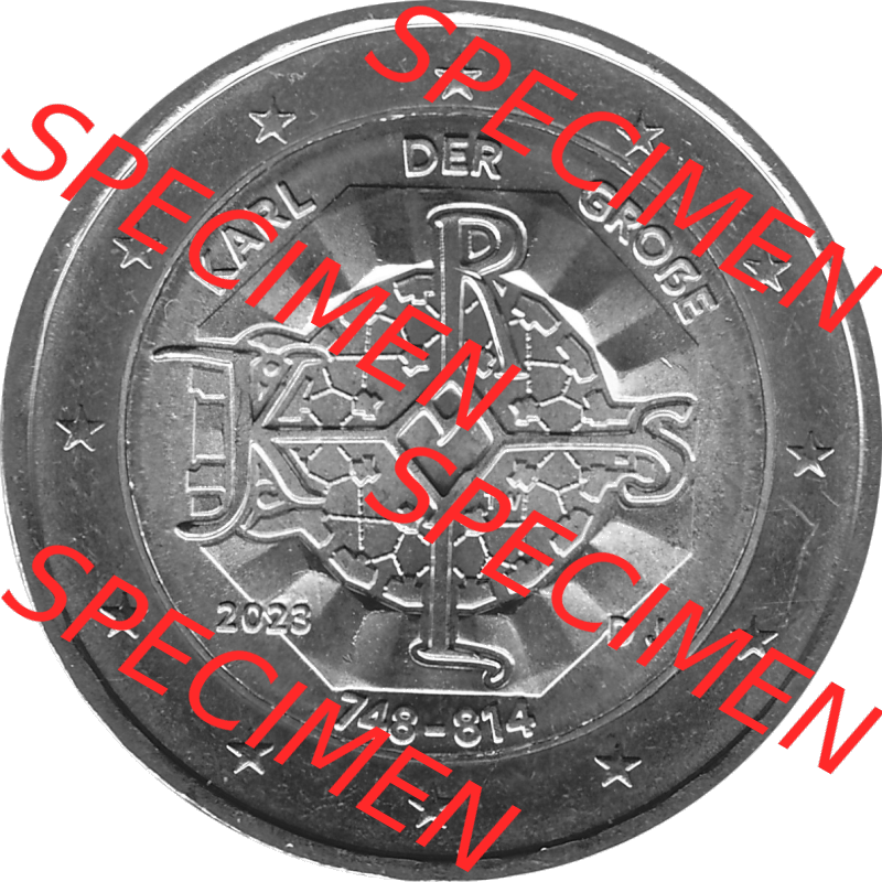 BRD-Deutschland 2 Euro Gedenkmünze 2023-2023, J Münzstätte Hamburg, Karl der Große 748-814 Graustufen. Digitales Graustufen PNG-Bild der 2 Euro Gedenkmünze... Sammlung