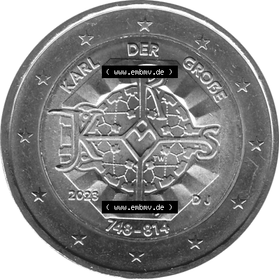 BRD-Deutschland 2 Euro Gedenkmünze 2023-2023, J Münzstätte Hamburg, Karl der Große 748-814 Graustufen. Digitales Graustufen PNG-Bild der 2 Euro Gedenkmünze... Sammlung