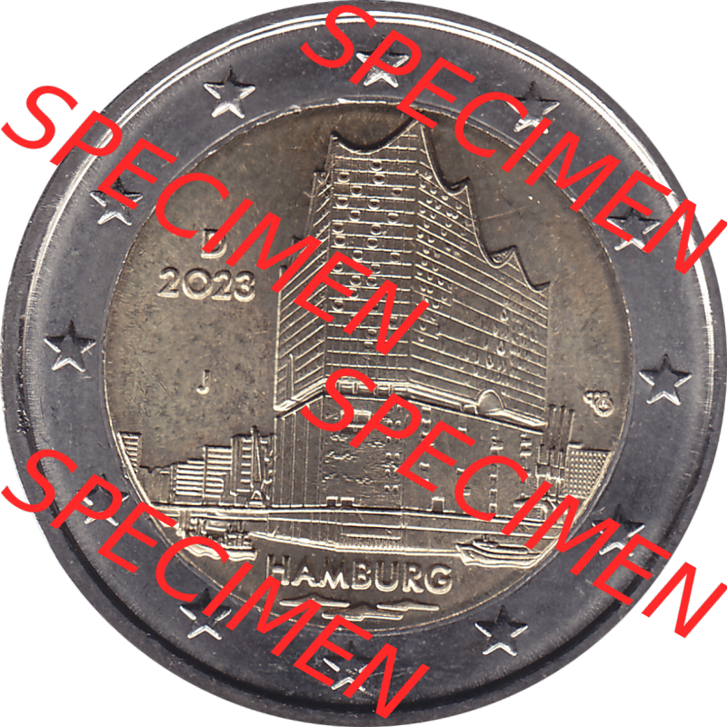 BRD-Deutschland 2 Euro Gedenkmünze 2023-2023, J Münzstätte Hamburg, Bundesland Hamburg. Digitales PNG-Bild der 2 Euro Gedenkmünze 2023. Das PNG-Bild ist transparent... Sammlung