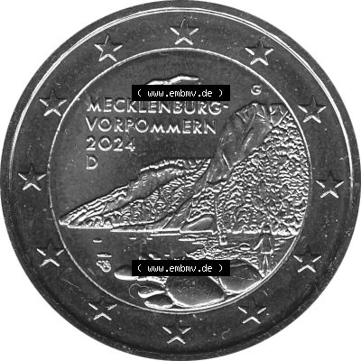 BRD-Deutschland 2 Euro Gedenkmünze 2024-2024, 2 Euro G Münzstätte Karlsruhe, Mecklenburg-Vorpommern - Königsstuhl Graustufen. Digitales Graustufen PNG-Bild der 2... Sammlung