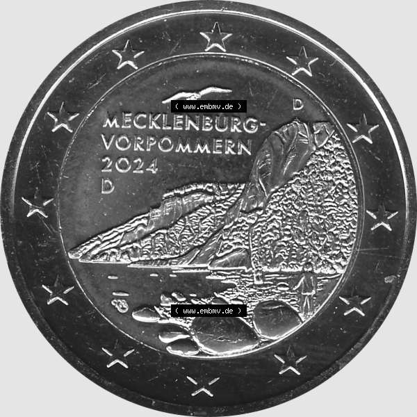 Grau bzw. s/w BRD-Deutschland 2 Euro Gedenkmünze 2024-2024, 2 Euro D Münzstätte München, Mecklenburg-Vorpommern - Königsstuhl Graustufen. Digitales Graustufen PNG-Bild der... Sammlung Graustufen