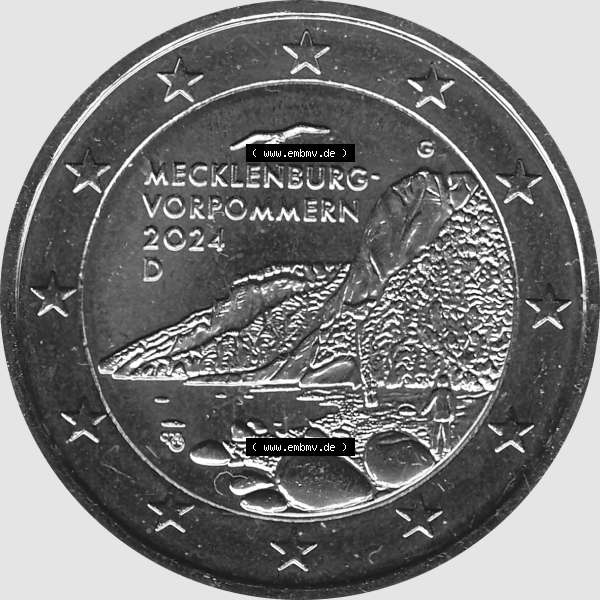Grau bzw. s/w BRD-Deutschland 2 Euro Gedenkmünze 2024-2024, 2 Euro G Münzstätte Karlsruhe, Mecklenburg-Vorpommern - Königsstuhl. Digitales PNG-Bild der 2 Euro Gedenkmünze... Sammlung Graustufen