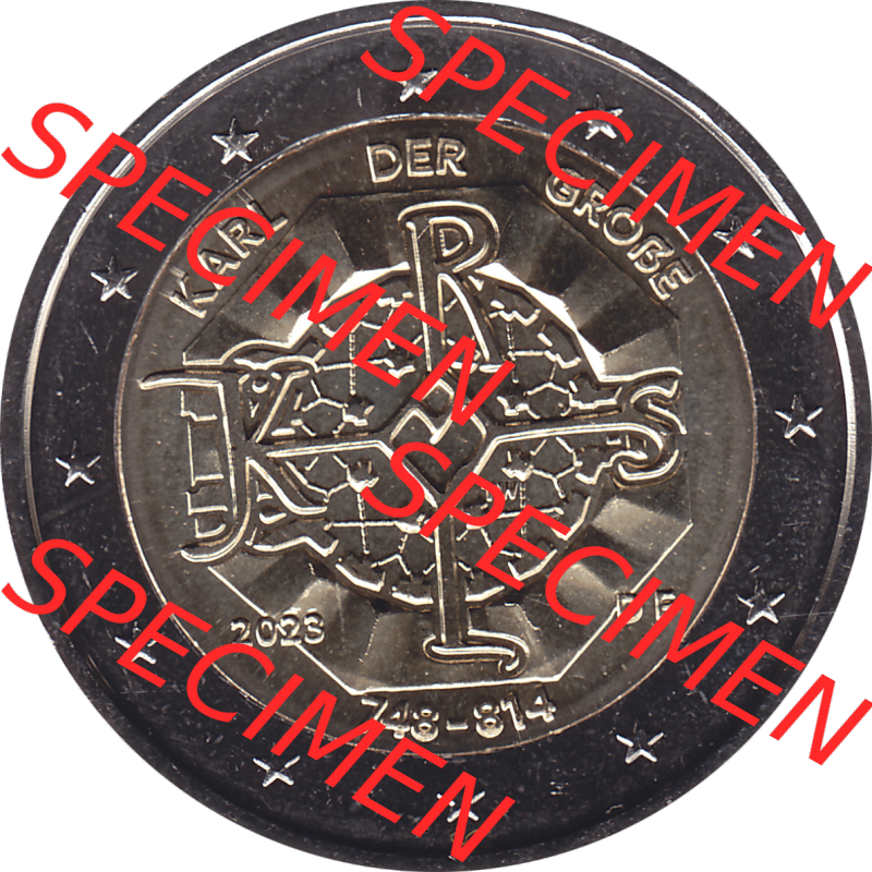 BRD-Deutschland 2 Euro Gedenkmünze 2023-2023, F Münzstätte Stuttgart, Karl der Große 748-814. Digitales PNG-Bild der 2 Euro Gedenkmünze 2023. Das PNG-Bild... Sammlung