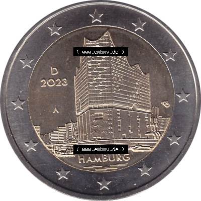 BRD-Deutschland 2 Euro Gedenkmünze 2023-2023, A Münzstätte Berlin, Bundesland Hamburg. Digitales JPG-Bild in Farbe der 2 Euro Gedenkmünze 2023. Das JPG-Bild... Sammlung
