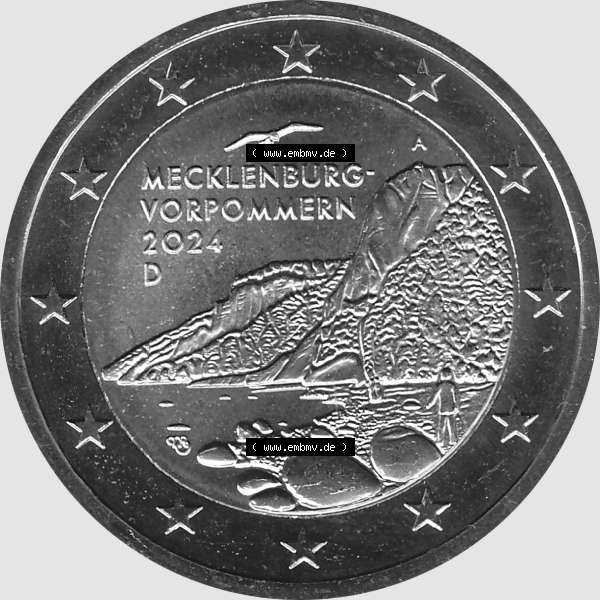 Grau bzw. s/w BRD-Deutschland 2 Euro Gedenkmünze 2024-2024, 2 Euro A Münzstätte Berlin, Mecklenburg-Vorpommern - Königsstuhl Graustufen. Digitales Graustufen PNG-Bild der 2 Euro... Sammlung Graustufen