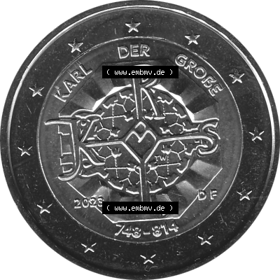 BRD-Deutschland 2 Euro Gedenkmünze 2023-2023, F Münzstätte Stuttgart, Karl der Große 748-814 Graustufen. Digitales Graustufen PNG-Bild der 2 Euro Gedenkmünze... Sammlung