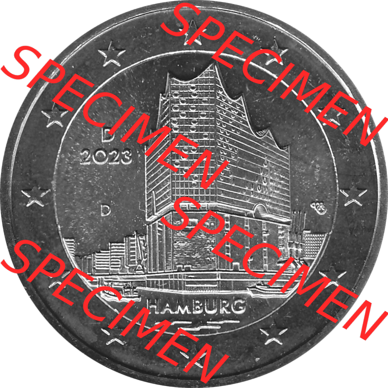 BRD-Deutschland 2 Euro Gedenkmünze 2023-2023, D Münzstätte München, Bundesland Hamburg Graustufen. Digitales Graustufen PNG-Bild der 2 Euro Gedenkmünze 2023.... Sammlung