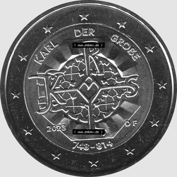 Grau bzw. s/w BRD-Deutschland 2 Euro Gedenkmünze 2023-2023, F Münzstätte Stuttgart, Karl der Große 748-814. Digitales PNG-Bild der 2 Euro Gedenkmünze 2023. Das PNG-Bild... Sammlung Graustufen