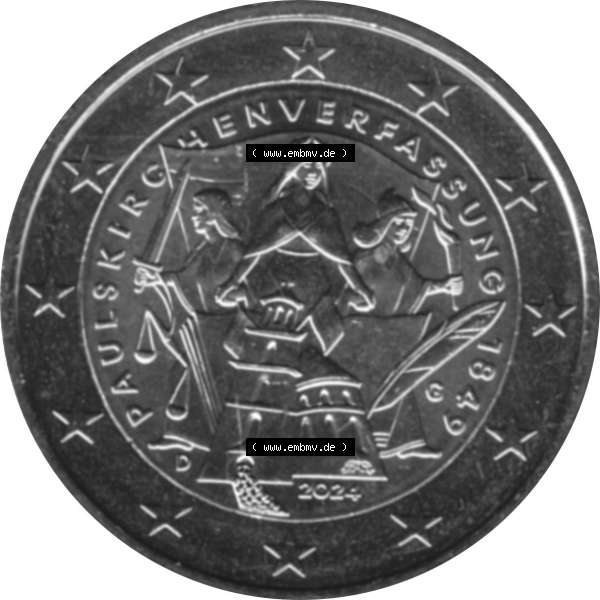 Grau bzw. s/w BRD-Deutschland 2 Euro Gedenkmünze 2024-2024, 2 Euro G Münzstätte Karlsruhe, 175. Jubiläum Paulskirchenverfassung. Digitales JPG-Bild in Farbe der 2 Euro Gedenkmünze... Sammlung Graustufen