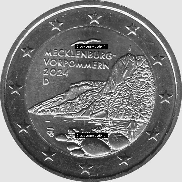 Grau bzw. s/w BRD-Deutschland 2 Euro Gedenkmünze 2024-2024, 2 Euro J Münzstätte Hamburg, Mecklenburg-Vorpommern - Königsstuhl. Digitales PNG-Bild der 2 Euro Gedenkmünze 2024.... Sammlung Graustufen