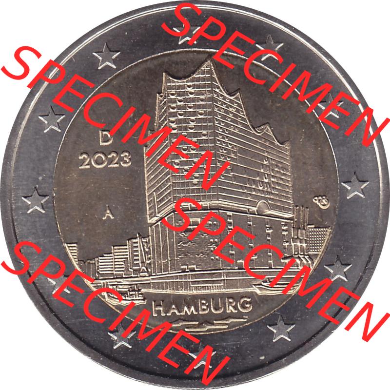 BRD-Deutschland 2 Euro Gedenkmünze 2023-2023, A Münzstätte Berlin, Bundesland Hamburg. Digitales JPG-Bild in Farbe der 2 Euro Gedenkmünze 2023. Das JPG-Bild... Sammlung