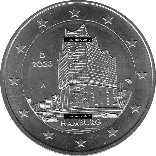 Grau bzw. s/w BRD-Deutschland 2 Euro Gedenkmünze 2023-2023, A Münzstätte Berlin, Bundesland Hamburg. Digitales JPG-Bild in Farbe der 2 Euro Gedenkmünze 2023. Das JPG-Bild... Sammlung Graustufen