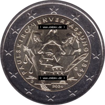 BRD-Deutschland 2 Euro Gedenkmünze 2024-2024, 2 Euro G Münzstätte Karlsruhe, 175. Jubiläum Paulskirchenverfassung. Digitales JPG-Bild in Farbe der 2 Euro Gedenkmünze... Sammlung