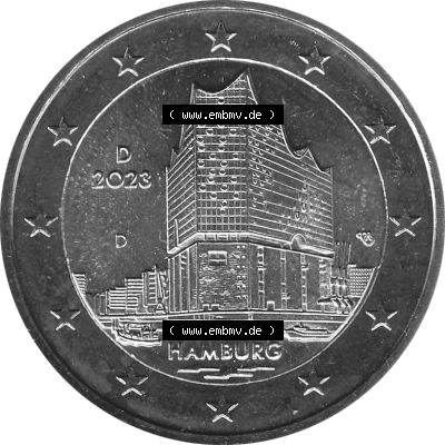BRD-Deutschland 2 Euro Gedenkmünze 2023-2023, D Münzstätte München, Bundesland Hamburg Graustufen. Digitales Graustufen PNG-Bild der 2 Euro Gedenkmünze 2023.... Sammlung