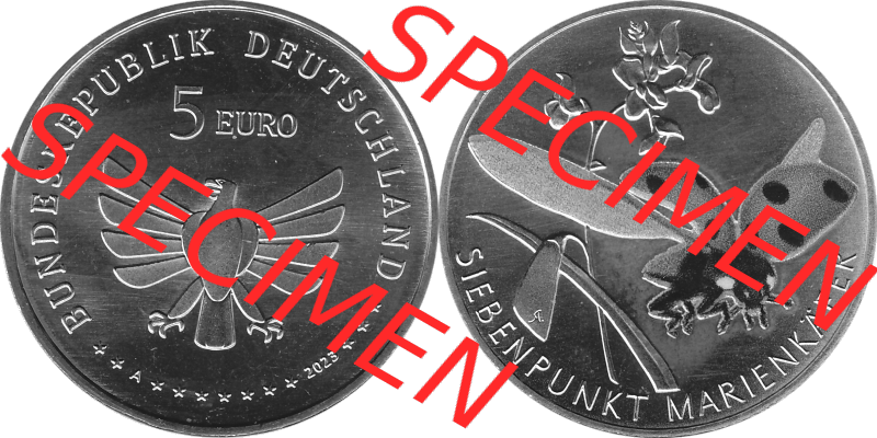Deutschland 2023-2023, 5 Euro A Siebenpunkt Marienkäfer Graustufen. Digitales PNG-Bild in Grau / Graustufen aus Bild in Farbe der 5 Euro Gedenkmünze mit Insekten 2023.... Sammlung