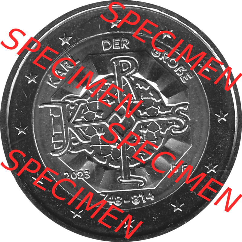 BRD-Deutschland 2 Euro Gedenkmünze 2023-2023, F Münzstätte Stuttgart, Karl der Große 748-814 Graustufen. Digitales Graustufen PNG-Bild der 2 Euro Gedenkmünze... Sammlung