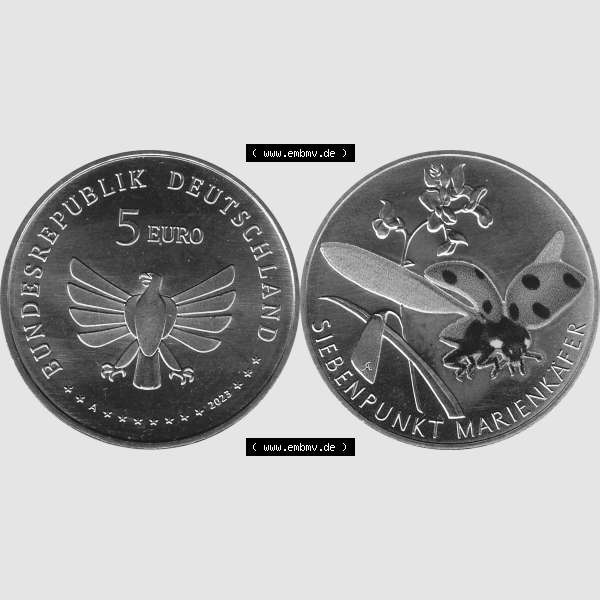 Grau bzw. s/w Deutschland 2023-2023, 5 Euro A Siebenpunkt Marienkäfer Graustufen. Digitales PNG-Bild in Grau / Graustufen aus Bild in Farbe der 5 Euro Gedenkmünze mit Insekten 2023.... Sammlung Graustufen