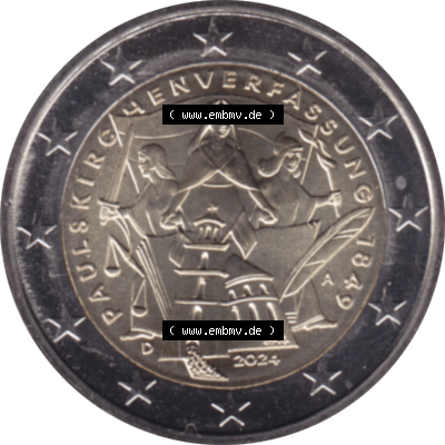 BRD-Deutschland 2 Euro Gedenkmünze 2024-2024, 2 Euro A Münzstätte Berlin, 175. Jubiläum Paulskirchenverfassung. Digitales PNG-Bild der 2 Euro Gedenkmünze... Sammlung