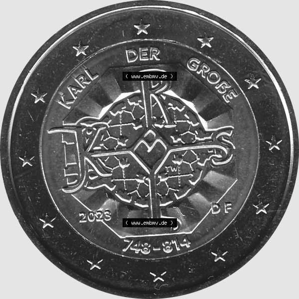 Grau bzw. s/w BRD-Deutschland 2 Euro Gedenkmünze 2023-2023, F Münzstätte Stuttgart, Karl der Große 748-814 Graustufen. Digitales Graustufen PNG-Bild der 2 Euro Gedenkmünze... Sammlung Graustufen