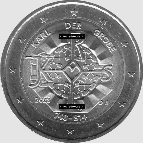 Grau bzw. s/w BRD-Deutschland 2 Euro Gedenkmünze 2023-2023, J Münzstätte Hamburg, Karl der Große 748-814 Graustufen. Digitales Graustufen PNG-Bild der 2 Euro Gedenkmünze... Sammlung Graustufen