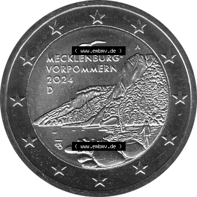 BRD-Deutschland 2 Euro Gedenkmünze 2024-2024, 2 Euro A Münzstätte Berlin, Mecklenburg-Vorpommern - Königsstuhl Graustufen. Digitales Graustufen PNG-Bild der 2 Euro... Sammlung
