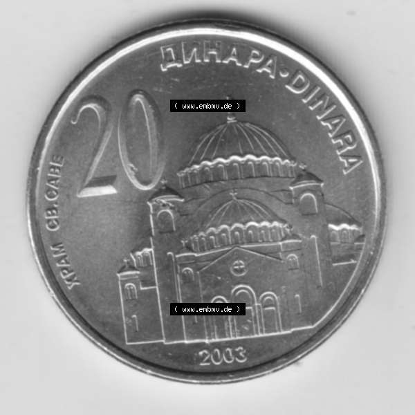Grau bzw. s/w Umlaufmünzen Serbien: 2003-2003, 20 Dinara. Münzen aus Serbien als Bildmaterial für Sammler und Münzen-Webseiten hier im online Katalog und Datenbank für Europäische... Sammlung Graustufen