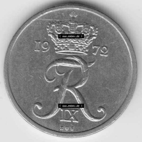 Grau bzw. s/w Umlaufmünzen Dänemark: 1972, 10 Öre. Rückseite der alten dänischen Umlaufmünze aus Dänemark zum katalogisieren und verwalten im Münzen-Katalog... Sammlung Graustufen