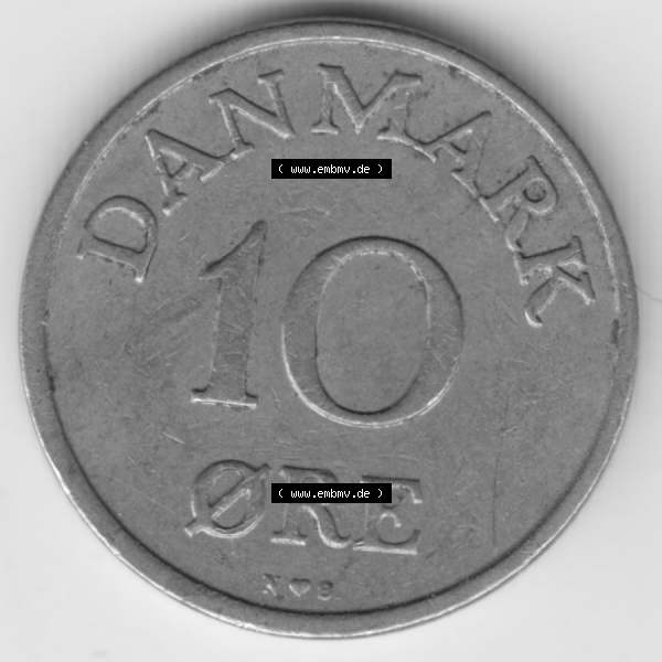 Grau bzw. s/w Umlaufmünzen Dänemark: 1954, 10 Öre. Vorderseite der alten dänischen Umlaufmünze aus Dänemark zum katalogisieren und verwalten im Münzen-Katalog Dänemark... Sammlung Graustufen