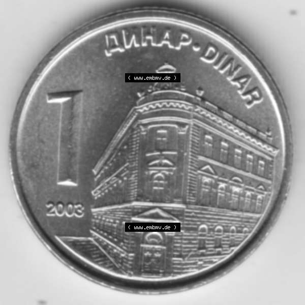 Grau bzw. s/w Umlaufmünzen Serbien: 2003-2004, 1 Dinar. Münzen aus Serbien als Bildmaterial für Sammler und Münzen-Webseiten hier im online Katalog und Datenbank für Europäische... Sammlung Graustufen