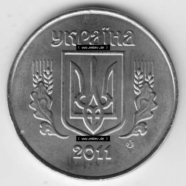 Grau bzw. s/w Umlaufmünzen Ukraine: 2001-2016, 25 Kopeken. Vorderseite der Münze der Ukraine als Bildmaterial für Sammler und Münzen-Webseiten hier im online Katalog und Datenbank... Sammlung Graustufen