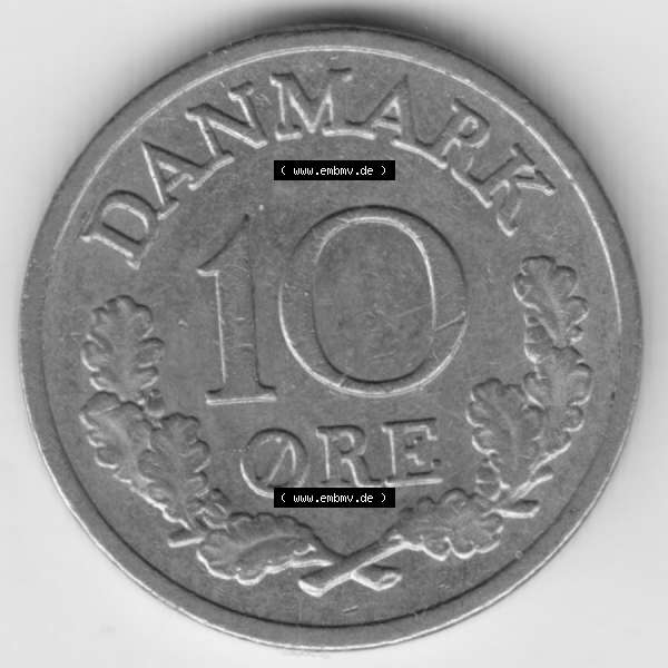Grau bzw. s/w Umlaufmünzen Dänemark: 1969, 10 Öre. Vorderseite der alten dänischen Umlaufmünze aus Dänemark zum katalogisieren und verwalten im Münzen-Katalog Dänemark... Sammlung Graustufen