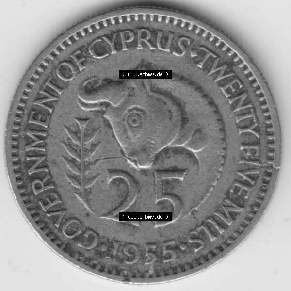 Grau bzw. s/w Umlaufmünzen Zypern: 1955-1955, 25 Mils. Rückseite der Münze aus Zypern als Bildmaterial für Sammler und Münzen-Webseiten hier im online Katalog und Datenbank... Sammlung Graustufen