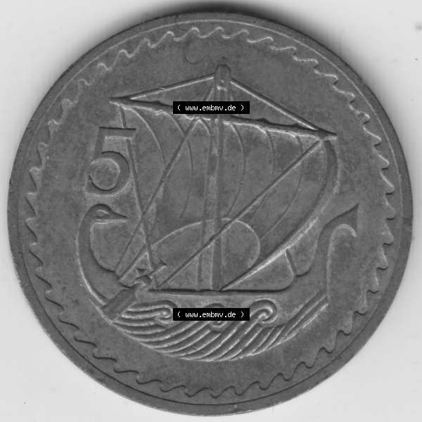 Grau bzw. s/w Umlaufmünzen Zypern: 1963-1980, 5 Mils. Rückseite der Münze aus Zypern als Bildmaterial für Sammler und Münzen-Webseiten hier im online Katalog und Datenbank... Sammlung Graustufen