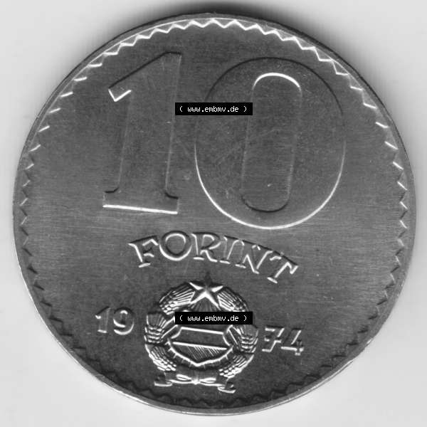 Grau bzw. s/w Umlaufmünzen Ungarn: 1971-1982, 10 Forint. Rückseite der Münze aus Ungarn als Bildmaterial für Sammler und Münzen-Webseiten hier im online Katalog und Datenbank... Sammlung Graustufen