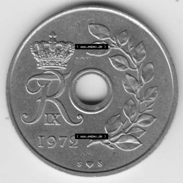 Grau bzw. s/w Umlaufmünzen Dänemark: 1972, 25 Öre. Rückseite der alten dänischen Umlaufmünze aus Dänemark zum katalogisieren und verwalten im Münzen-Katalog... Sammlung Graustufen