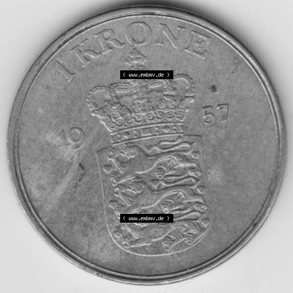 Grau bzw. s/w Umlaufmünzen Dänemark: 1957, 1 Krone. Vorderseite der alten dänischen Umlaufmünze aus Dänemark zum katalogisieren und verwalten im Münzen-Katalog Dänemark... Sammlung Graustufen