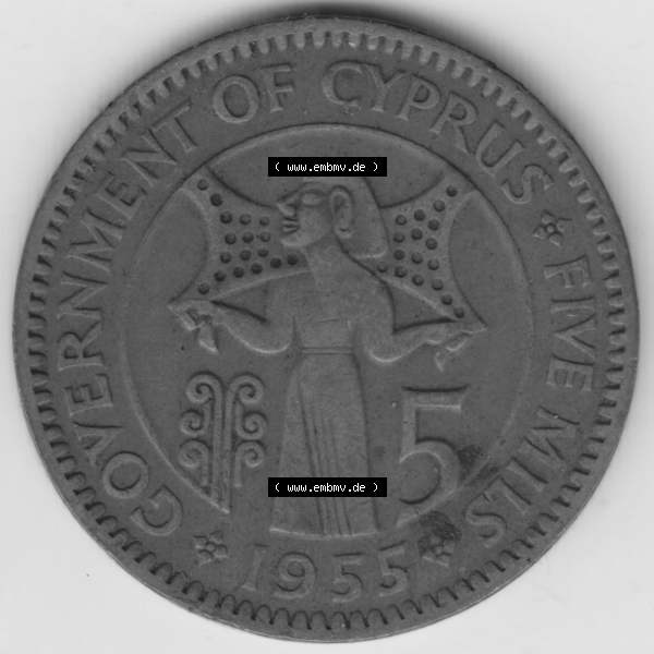 Grau bzw. s/w Umlaufmünzen Zypern: 1955-1956, 5 Mils. Rückseite der Münze aus Zypern als Bildmaterial für Sammler und Münzen-Webseiten hier im online Katalog und Datenbank... Sammlung Graustufen