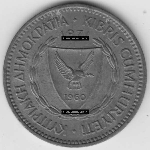Grau bzw. s/w Umlaufmünzen Zypern: 1963-1980, 5 Mils. Vorderseite der Münze aus Zypern als Bildmaterial für Sammler und Münzen-Webseiten hier im online Katalog und Datenbank für... Sammlung Graustufen
