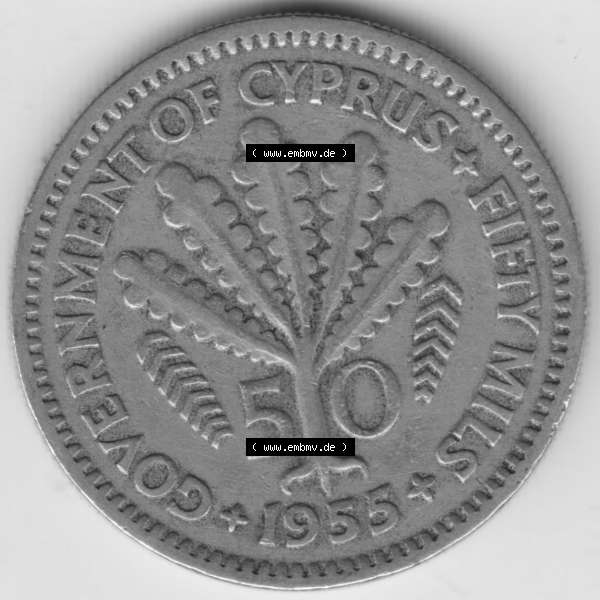 Grau bzw. s/w Umlaufmünzen Zypern: 1955-1955, 50 Mils. Rückseite der Münze aus Zypern als Bildmaterial für Sammler und Münzen-Webseiten hier im online Katalog und Datenbank... Sammlung Graustufen