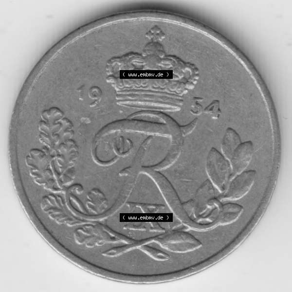 Grau bzw. s/w Umlaufmünzen Dänemark: 1954, 10 Öre. Rückseite der alten dänischen Umlaufmünze aus Dänemark zum katalogisieren und verwalten im Münzen-Katalog... Sammlung Graustufen