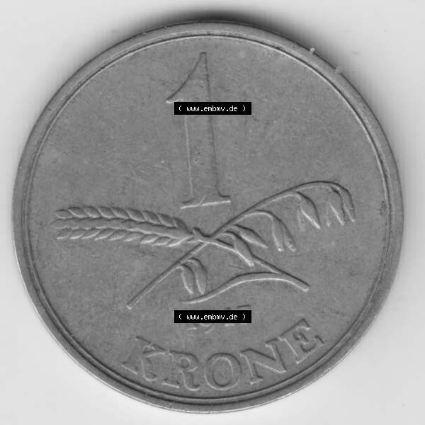 Grau bzw. s/w Umlaufmünzen Dänemark: 1947, 1 Krone. Vorderseite der alten dänischen Umlaufmünze aus Dänemark zum katalogisieren und verwalten im Münzen-Katalog Dänemark... Sammlung Graustufen