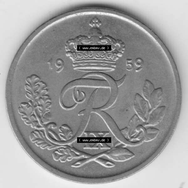 Grau bzw. s/w Umlaufmünzen Dänemark: 1959, 25 Öre. Rückseite der alten dänischen Umlaufmünze aus Dänemark zum katalogisieren und verwalten im Münzen-Katalog... Sammlung Graustufen